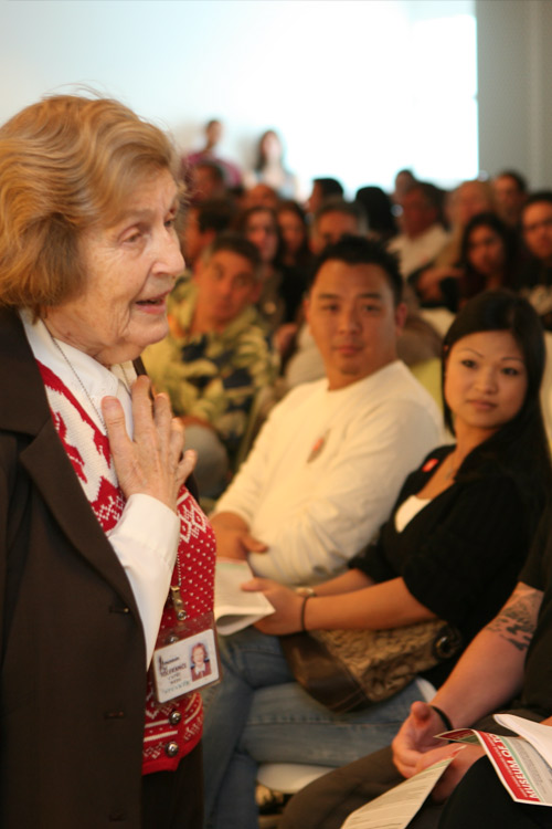 Cathy Weiss - Holocaust Survivor sharing her story with students.